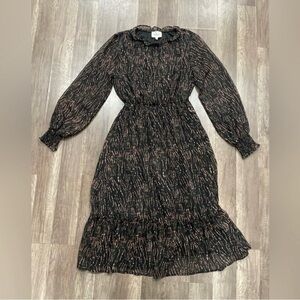 BOHME black and Pink Floral Long Sleeve Midi Dress